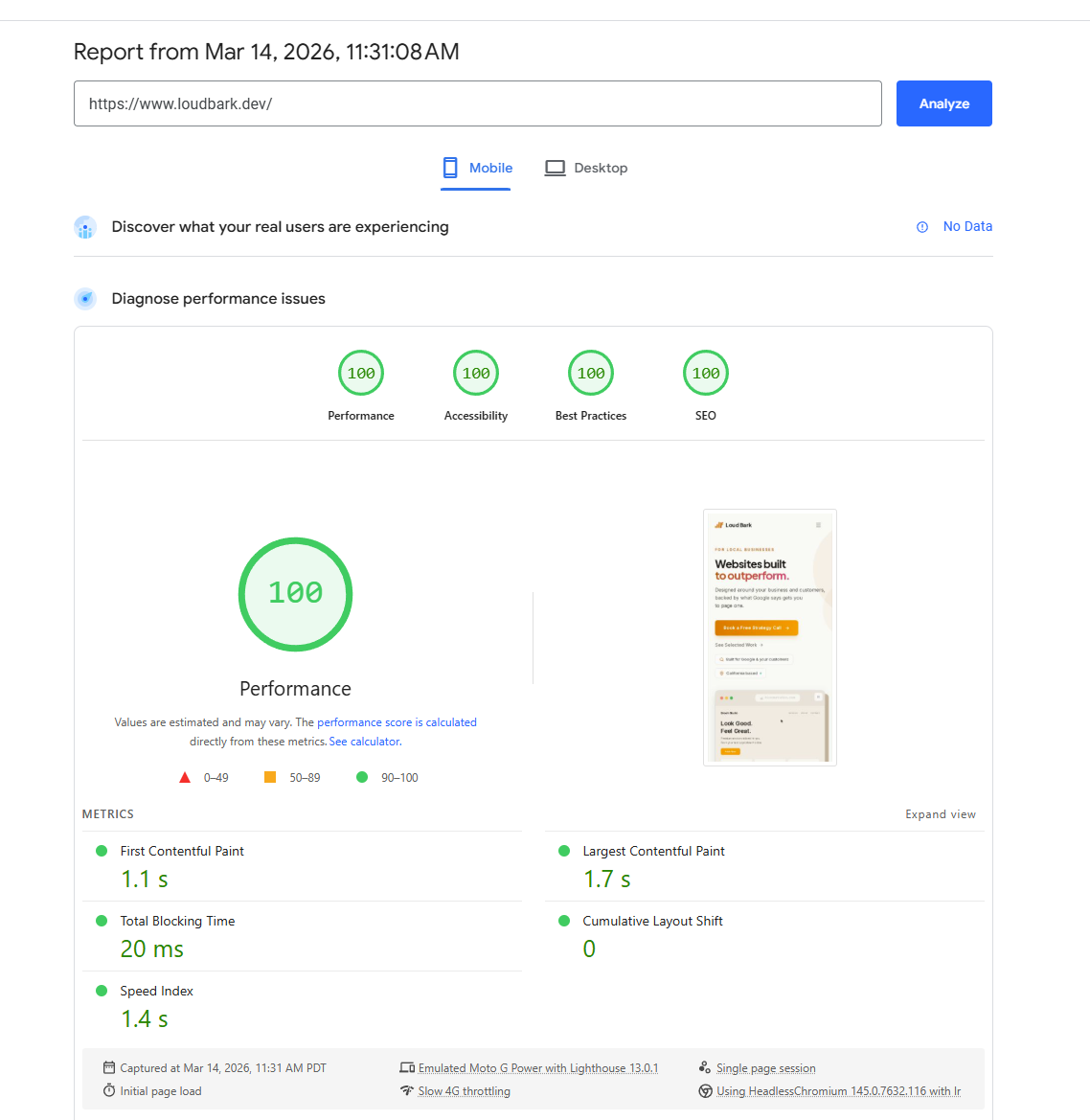 Google PageSpeed Insights report for loudbark.dev showing performance, accessibility, best practices, and SEO scores